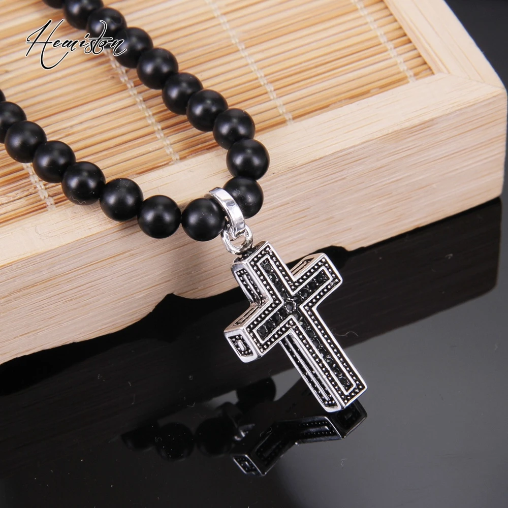 Thomas Matt Black Obsidian Beads and Cross Pendant Necklace, Rebel Heart Jewelry Punk Christmas Gift For Women and Men TS-N332