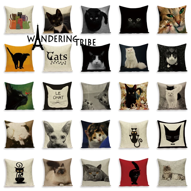 Wandering Tribe New Cartoon Lovely Cat Black Decorative Cushion Cover Throw Pillowcase Linen Fabric Home Decor Sofa Bed Kissen