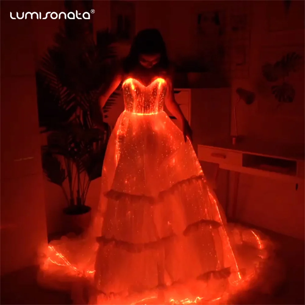 Lumisonata New Led Light Up Luminous Mermaid Shinny Dress For Wedding Party Formal White Wave Flower Pattern Long Skirt