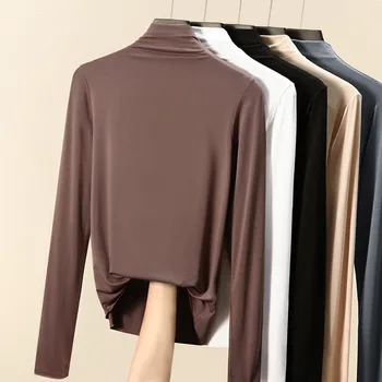 Damska koszulka z krótkim rękawem Jesień Zima Mock Neck Slim Tee shirt Solid Basic All Match Tops podkoszulek