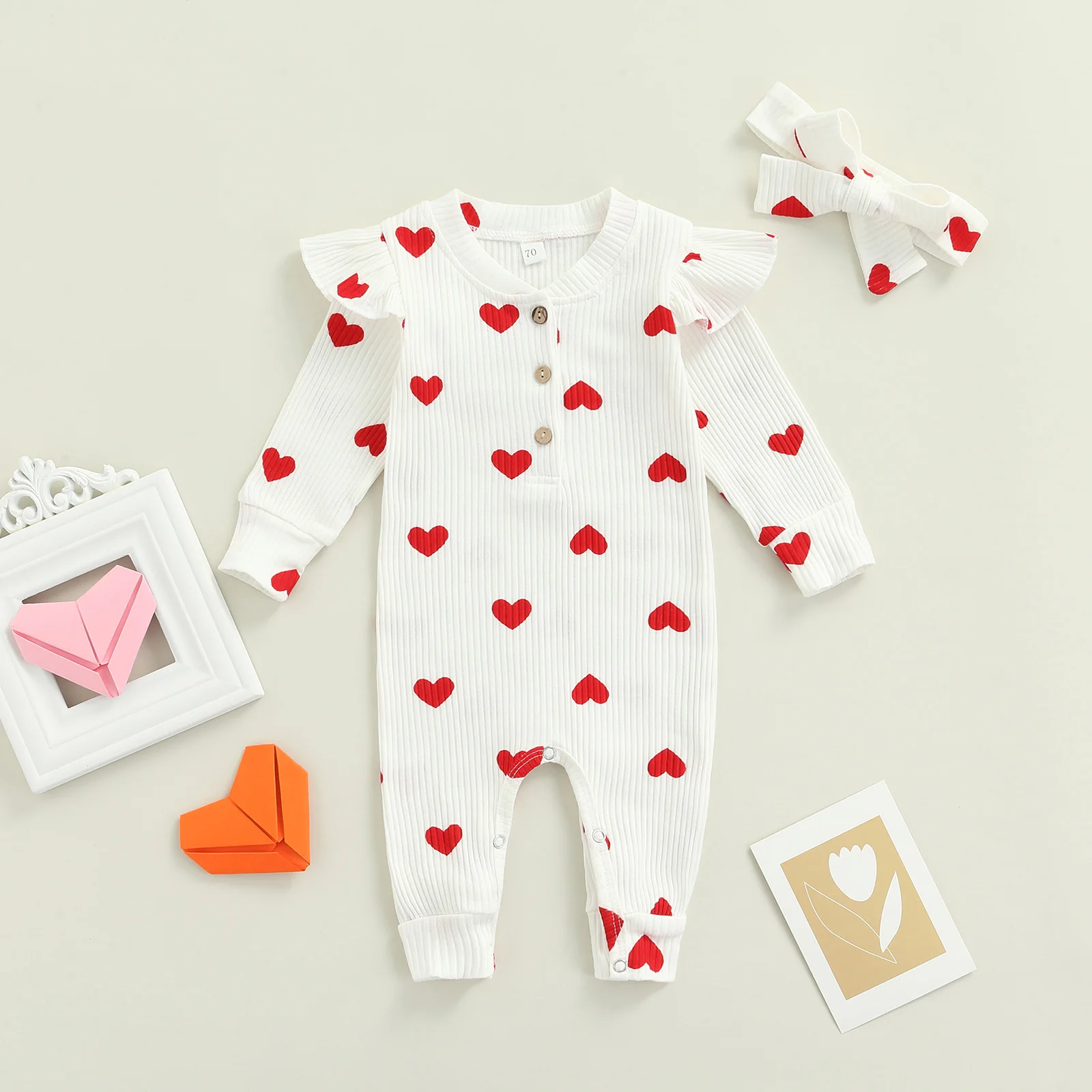 Lioraitiin 0-18M Newborn Infant Baby Girl Cute Romper Long Sleeve Off Shoulder O-Neck Heart Printed Jumpsuit 2Styles