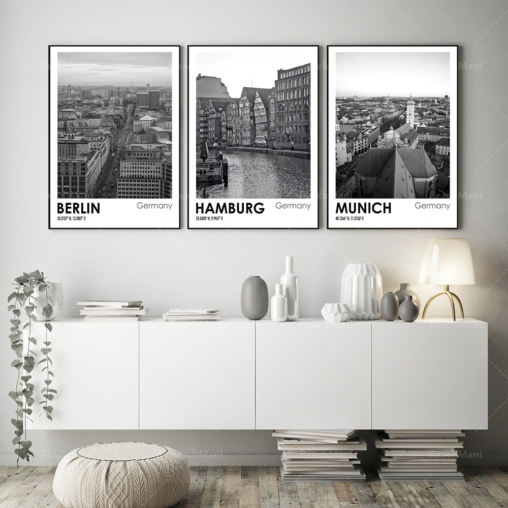 

Berlin Munich and Hamburg German City Travel Photos Black and White Art Set of 3