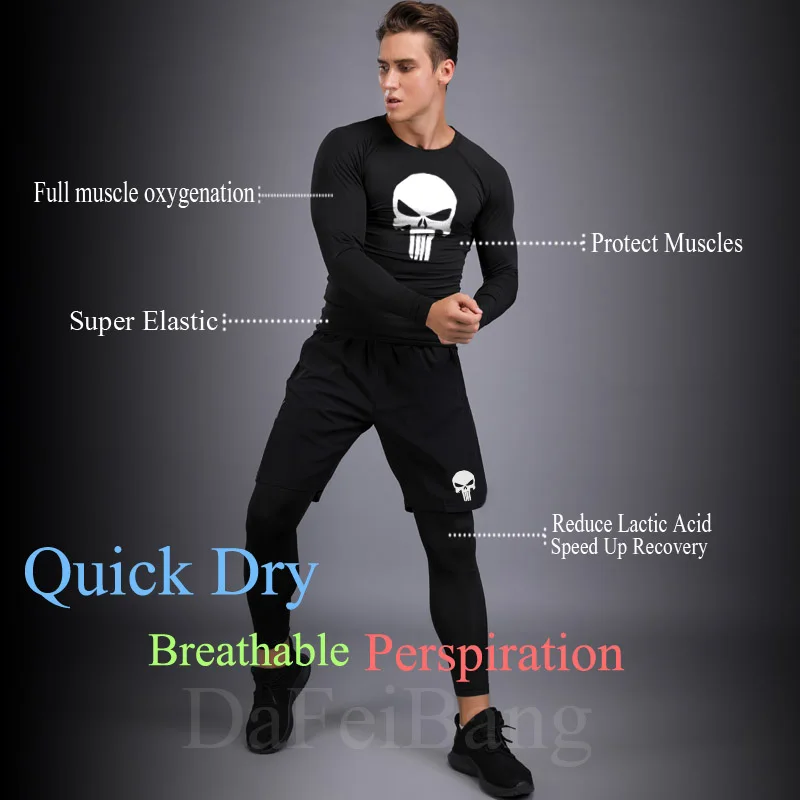 Men Compression Set MMA Long or Short Sleeve T-shirt Men\'s Tight Pants Fitness Bodybuilding Clothes Skull Rashguard Sports Suits