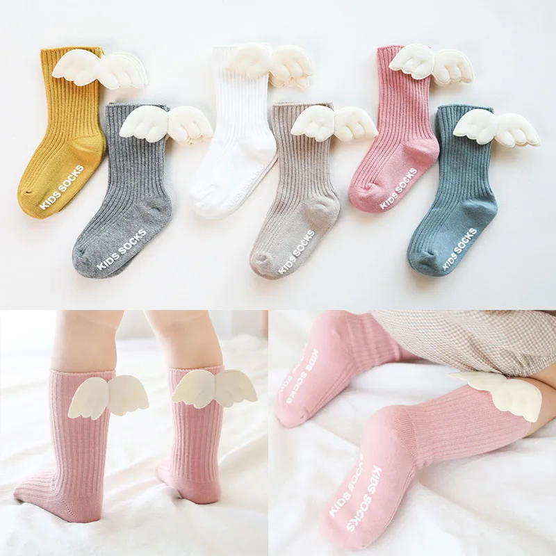 Baby Girls Knee High Socks Angel Wing Spring Autumn Cotton Socks Solid Candy Color Children Toddler Short Socks For 0-3 Years