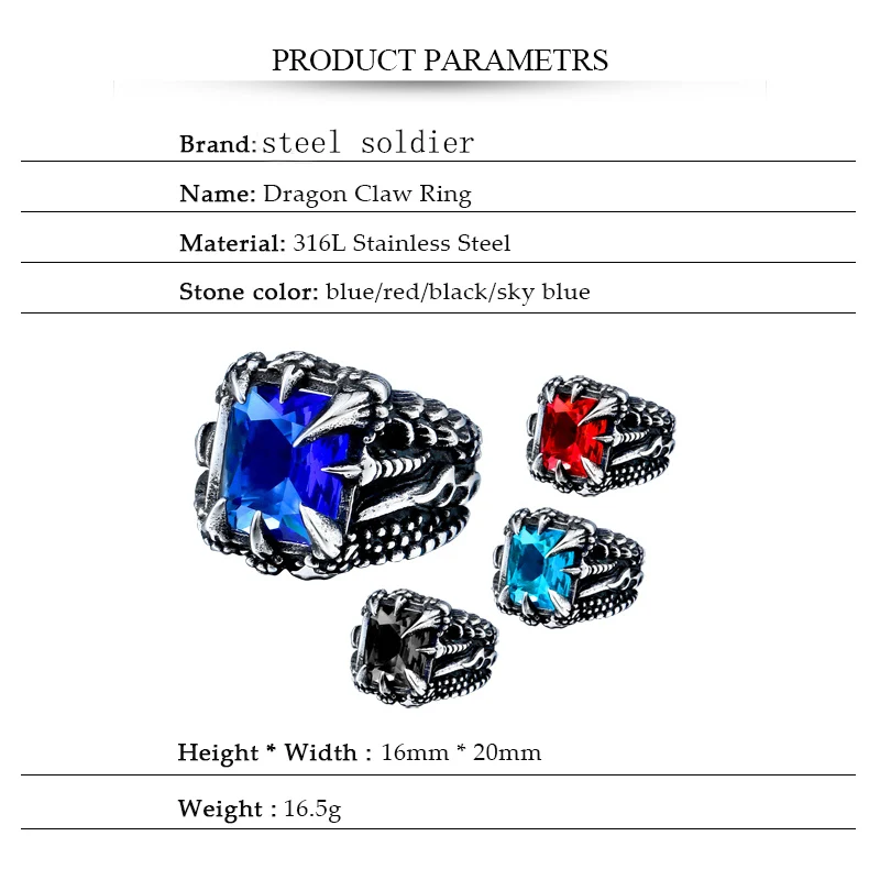 drop shipping exqusite Dragon Claw Ring With Red Blue Black Stone Stainless Steel jewelry for men