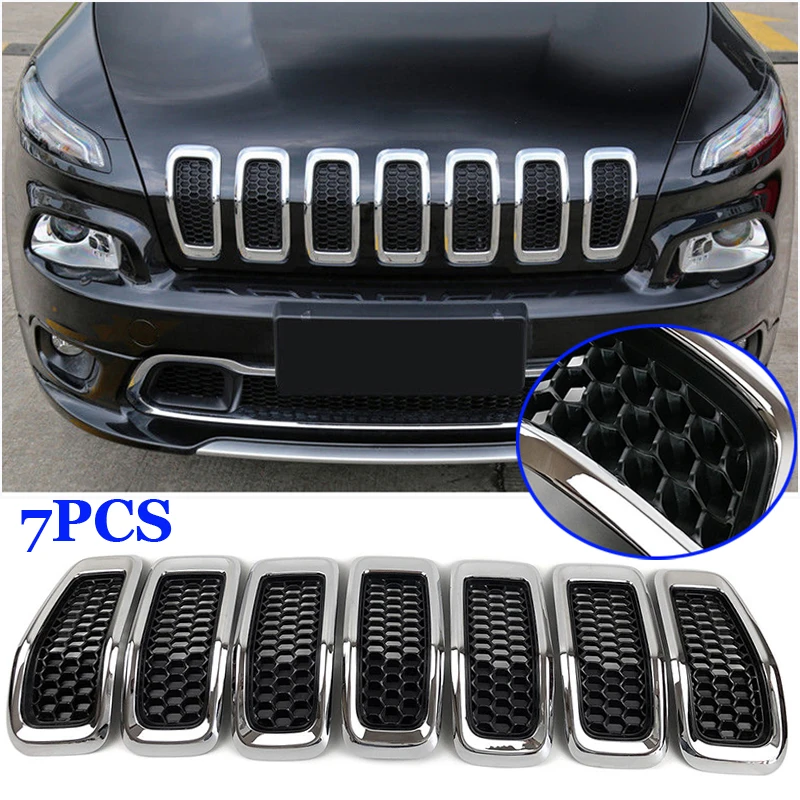 

Front Insert Mesh Grille Trim Cover For Jeep Cherokee 2014-2018 Front Black Grille Inserts Chrome Covers Gloss 7x