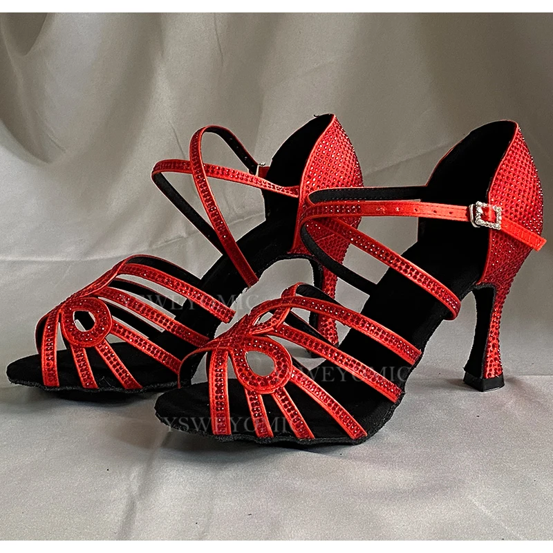 Dance Shoes 2021 New Style Red Satin Crystal High Quality Suede Outsole Women Latin Dance Shoes Indoor Customized Latin Shoes