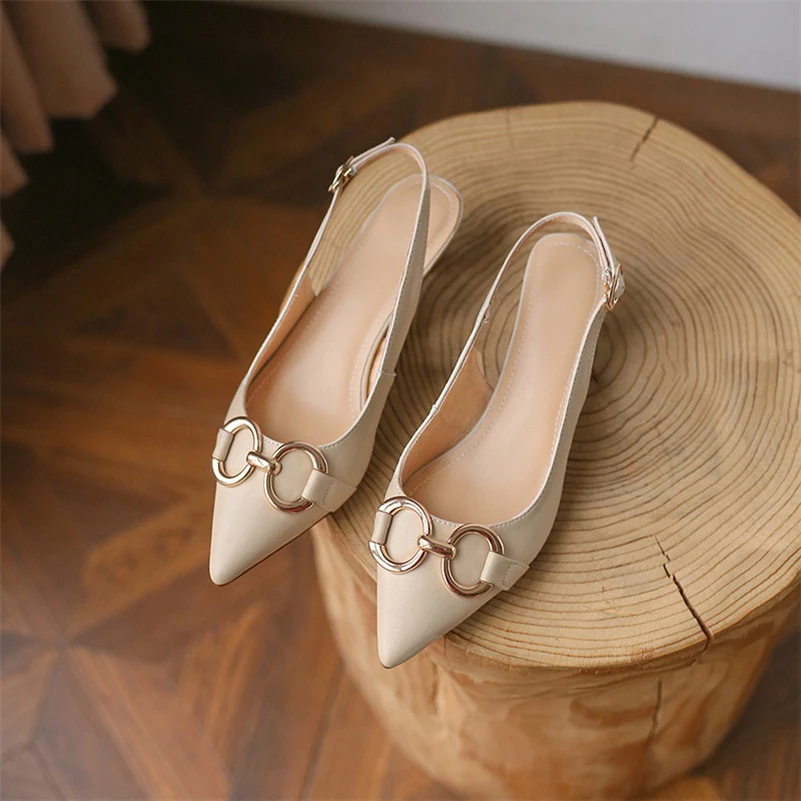 Meotina Genuine Leather Women Slingbacks Shoes Buckle Chain Thin Heels Pumps Pointed Toe Med Heel Ladies Footwear Spring Beige