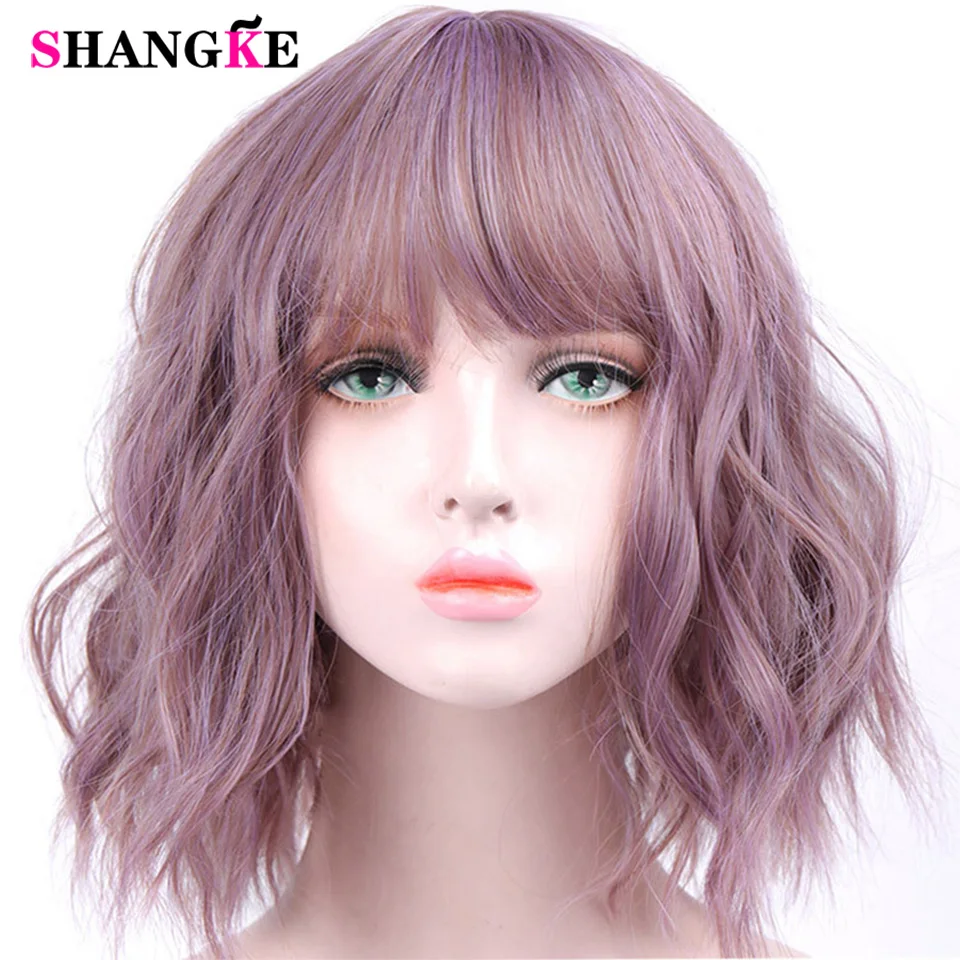 SHANGKE Synthetic Short Water Wave Cosplay Bob Wig with Bangs Heat-resistant Fiber Lolita Wigs For Women Daily Women\'s wigs