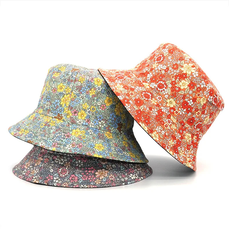 

New Fashion Floral Print Bucket Hat Women Double Side Cotton Reversible Sun Protection Cap Female Panama Fisherman Hats