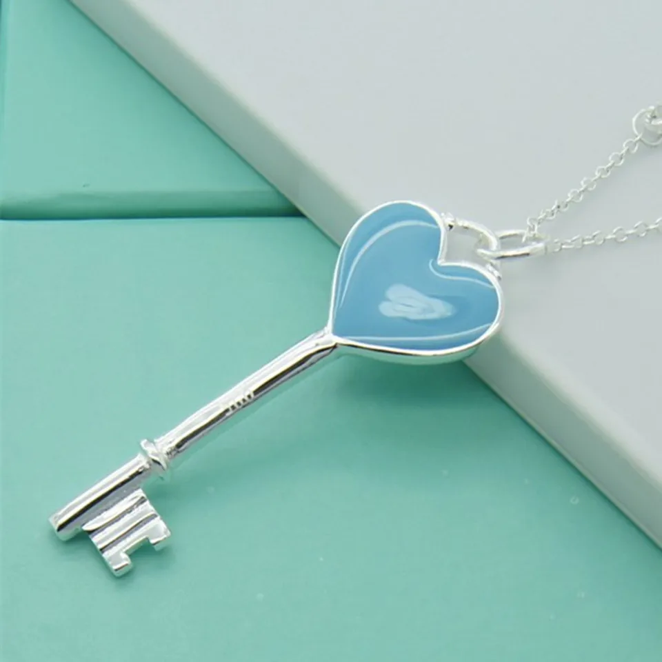 925 Sterling Silver Women Fine Fashion Cute Blue Heart Key Necklace For Girl Pendants Top Quality Jewelry