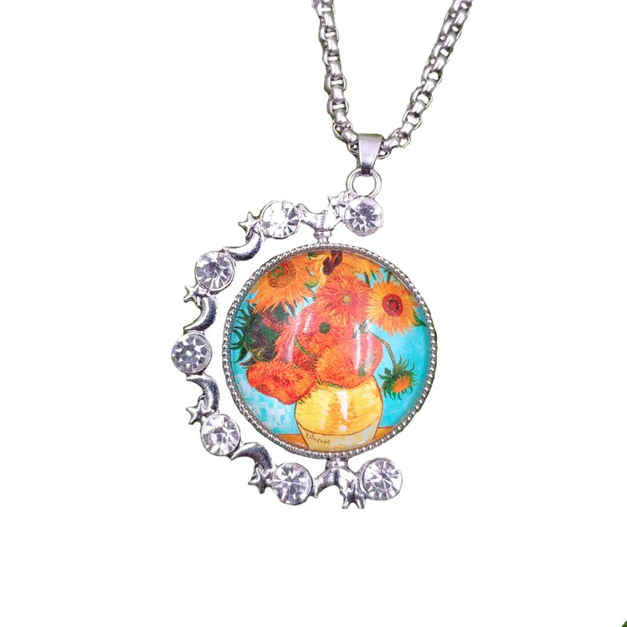 Rotatable Double faced Punk Van gogh The Starry Night Sunflower Necklace Pendant Men Female Women Girl  Xmas Gift AW010-016