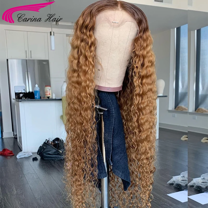 Curly Honey Blonde สีลูกไม้ด้านหน้าวิกผม13X4วิกผมก่อน Plucked Ombre สีบลอนด์ Remy ลูกไม้ Glueless Wigs สำหรับผู้หญิงสีดำ