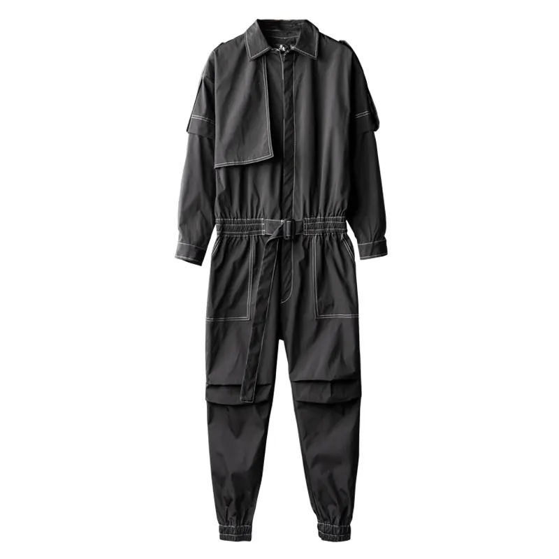 Spring and Autumn Overalls Men Jumpsuit Lapel Long Sleeve Beam Feet Streetwear Clothing Cargo Pants Hip Hop Black Green Trousers