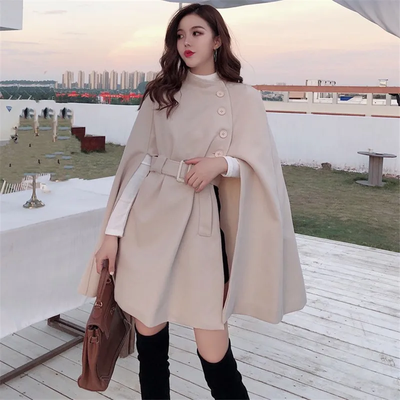 2024 Autumn High Quality Woolen Cloth Shawl Cape Poncho With Belt Women Mid-length Korean Sleeveless Casual Ladies Cape Coats