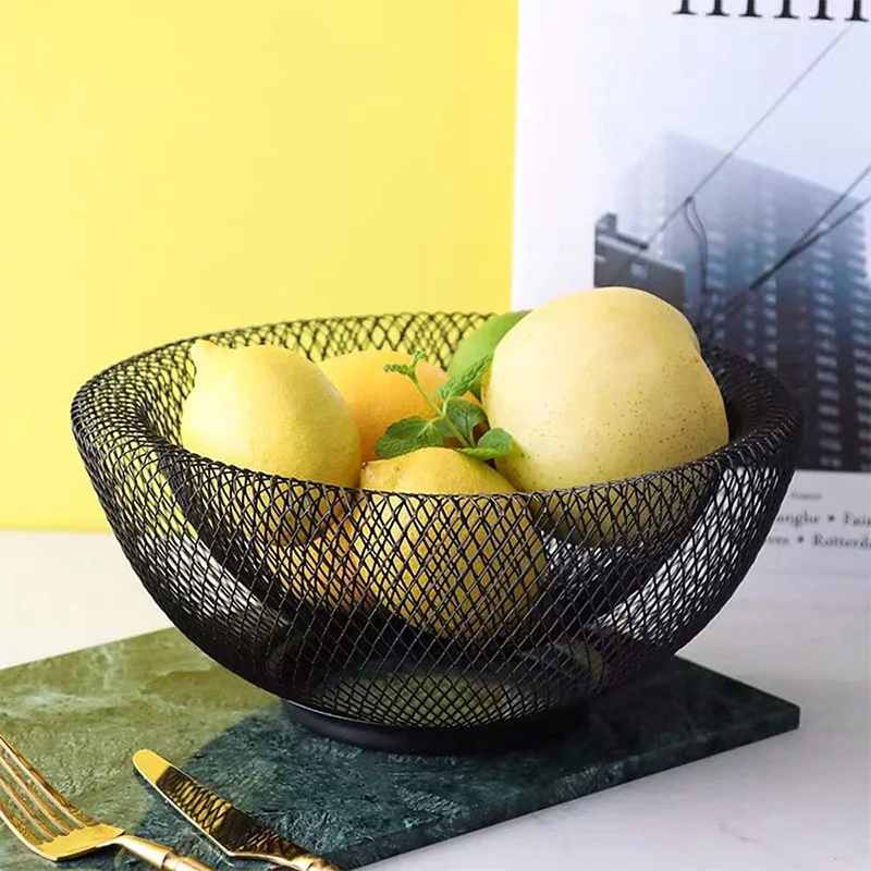 Hot Metal Mesh Creative Countertop Fruit Snacks Basket Bowl Stand for Kitchen, Large Black Decorative Table Centerpiece Holder f