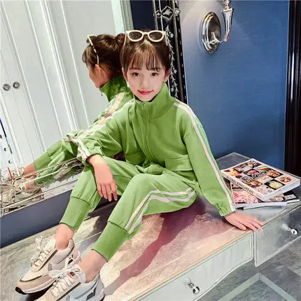 Girls Autumn Clothing Suit 2 Pcs Children's Striped Sports Clothes Tracksuit Spring Kids Zip Coat + Pants Sportwear Twinset P186