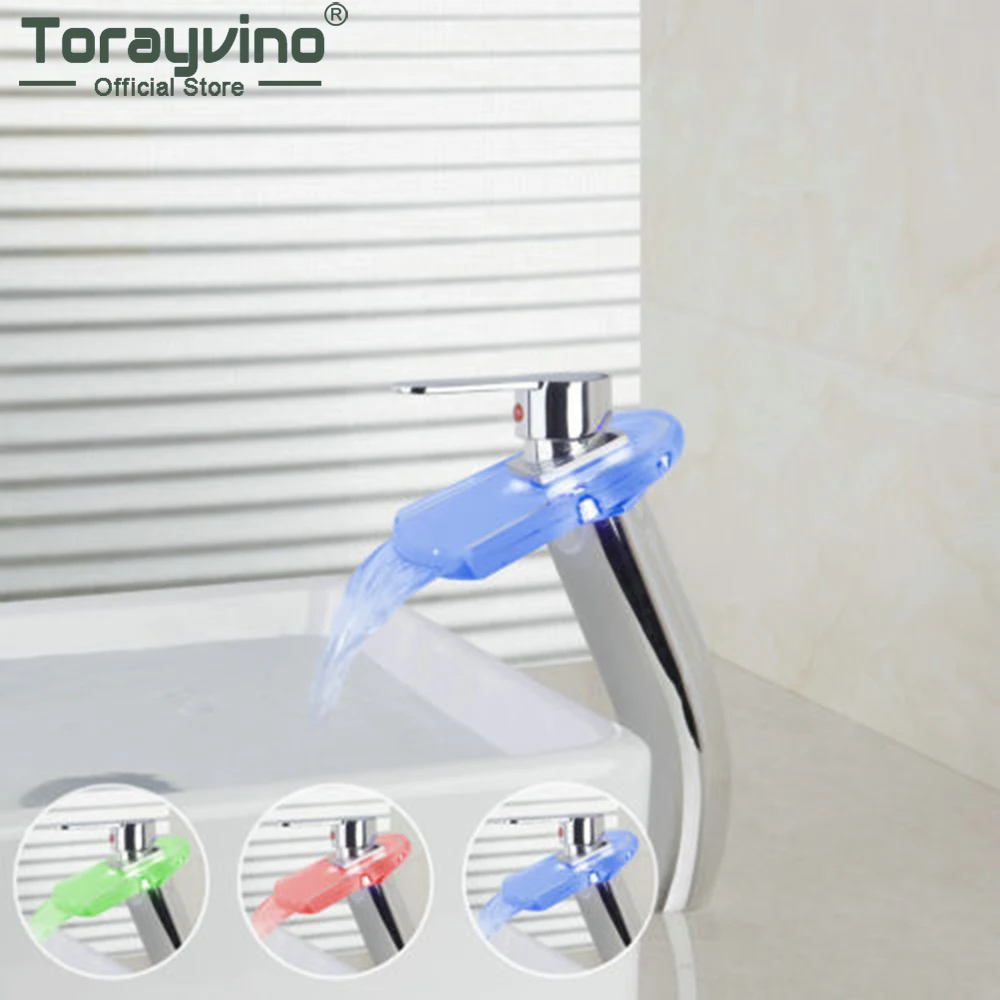 

Torayvino LED Bathroom Faucet Glass Waterfall Spout Vanity Vessel Sink Hot and Cold Mixer Water Tap Chrome Crane Basin Torneira