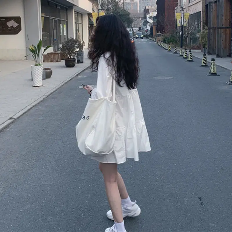 White Dress Women Elegant Aesthetic A-line Spring Cute Japan Style Long Sleeve Ulzzang Harajuku Clothes Students Kawaii Popular