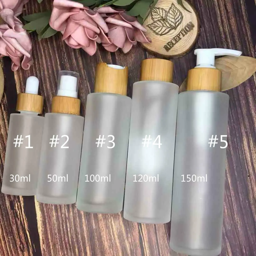 

Customized Logo Cosmetic Dropper Bottles Cream Jar Bamboo Lotion Lids Frosted Glass Containers Skin Care Essential Oil Packaging