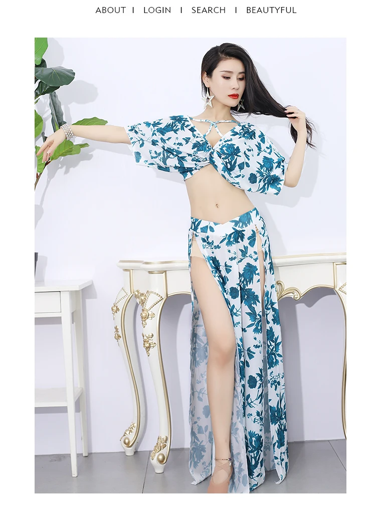 Women Belly dance costume summer new Ms printed water yarn performance suit suit oriental dance performance dance group costume