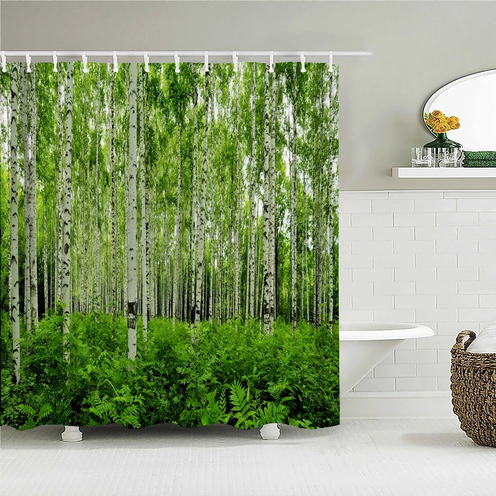 High Quality Birch Forest Fabric Shower Curtain Waterproof Natural Landscape Printed Bath Curtains for Bathroom Decor with Hooks