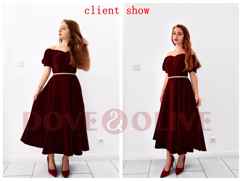 Burgundy Bridesmaid Dresses Knee Length 2024 Velvet Short Sleeves Sweetheart Off Shoulder A Line Draped Engagement Dress