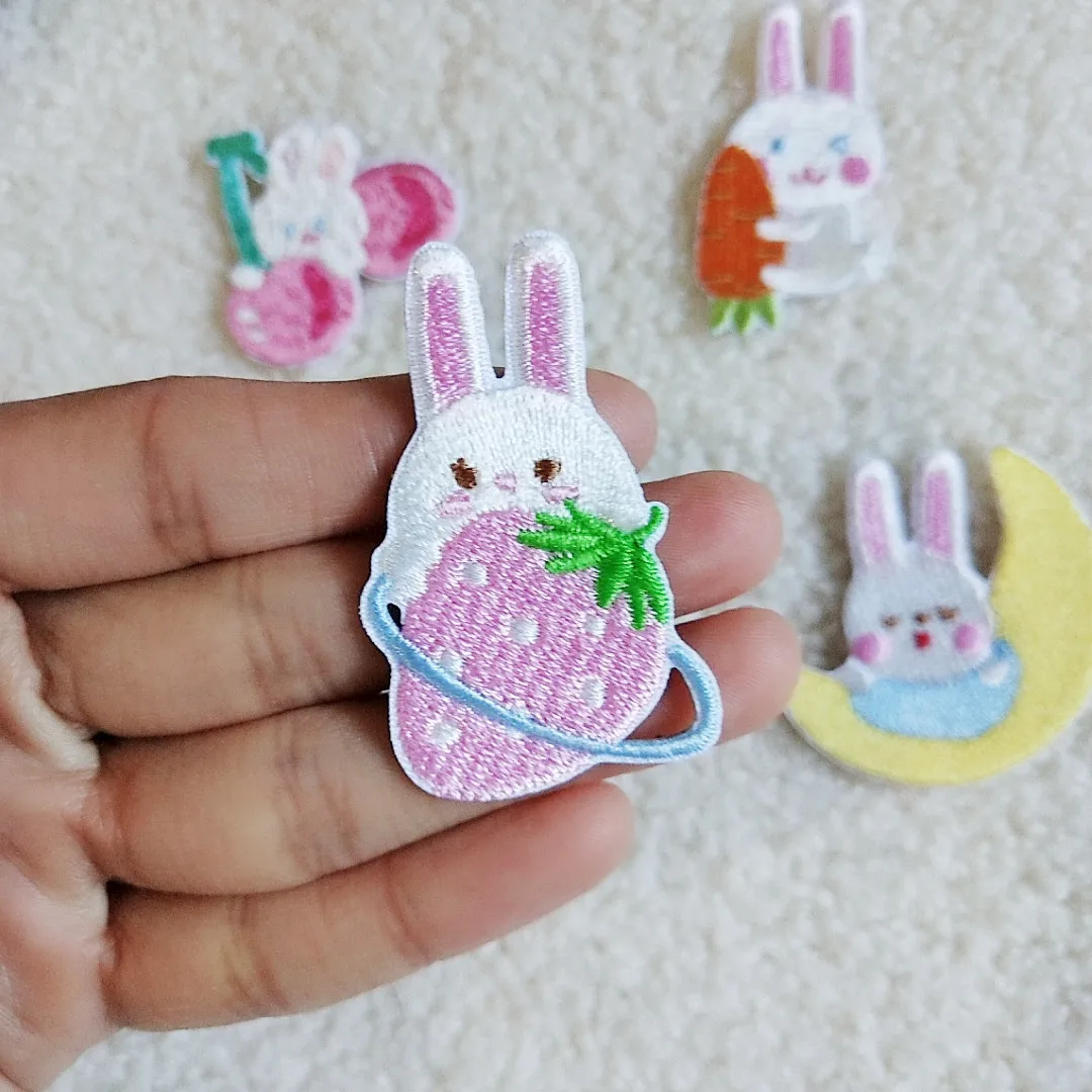 Self-adhesive High Quality Small Cartoon Rabbit Cherry Star Embroidered Patches for Clothing Iron on Clothes Sticker Appliques