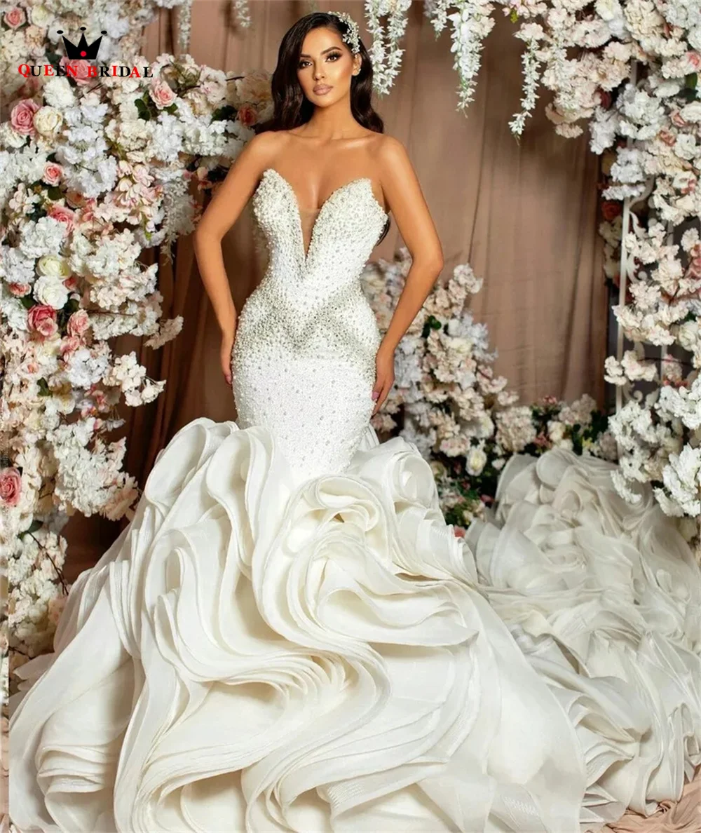 Sexy Wedding Dresses Mermaid Strapless Ruffle Long Train Crystal Beaded Diamond Luxury Formal Bridal Gowns Custom Size SK16