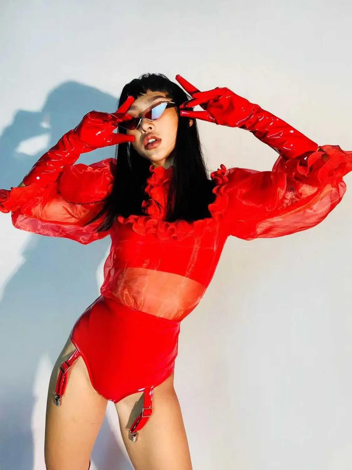 Nightclub Bar Women Singer Dancer Performance Costume Red Mesh Tops Leather Shorts Gloves 3-Pieces Set Fashion Jazz Dance Outfit