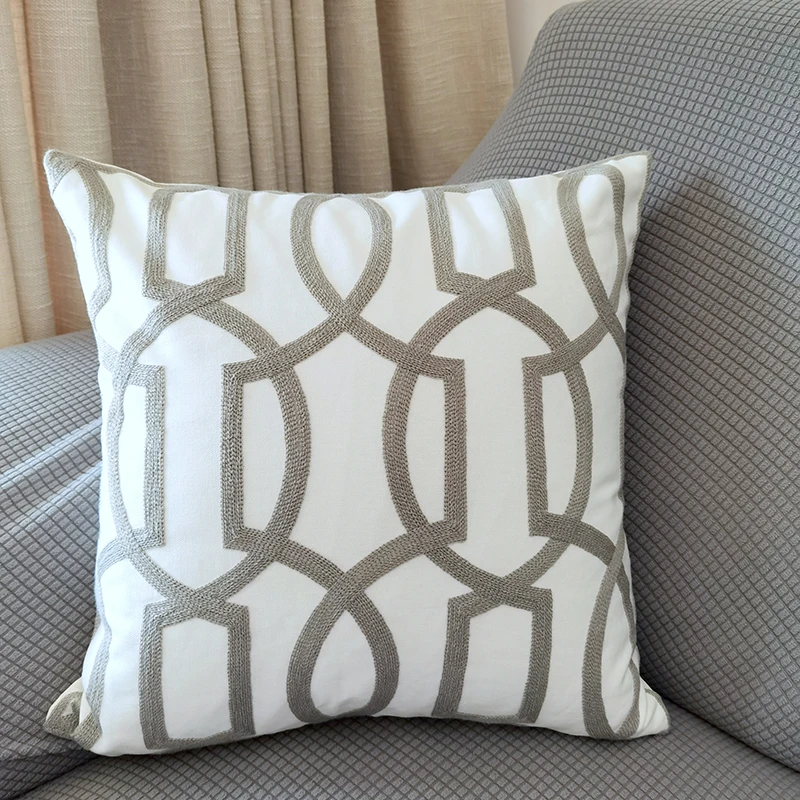 45x45cm Cushion Cove Grey Geometric Cotton Embroidery Pillow Case with For Sofa Bed Home Decorative Soft