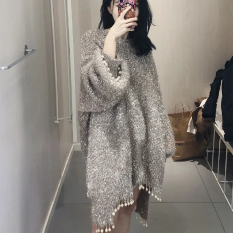 Cakucool New Silver Lurex Sweaters Pearls Beading Tassel Shiny Asymmetric Jumper Korean Cute Furry Mid Long Sweaters Khaki