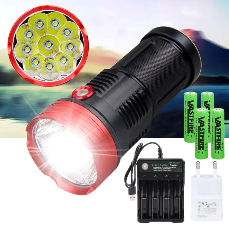 Ultra Bright 6000 Lumens 10* LED Flashlight 3 Lighting modes Waterproof Camping Huting Light Torch+4*18650 Battery+USB Charger