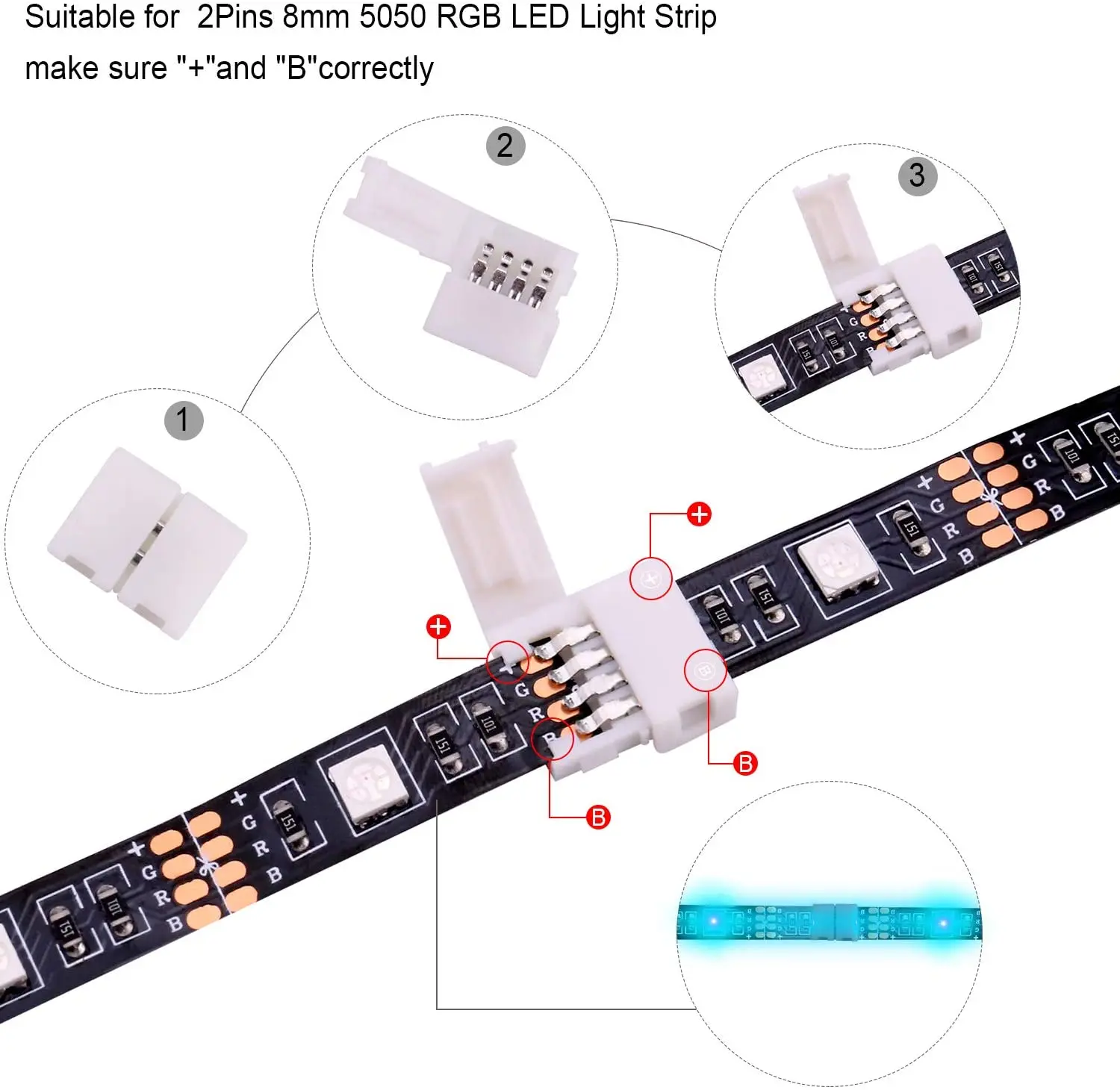 5050 4Pin LED Strip Connector Kit - 10mm RGB LED Connector Kit Includes RGB Extension Cable