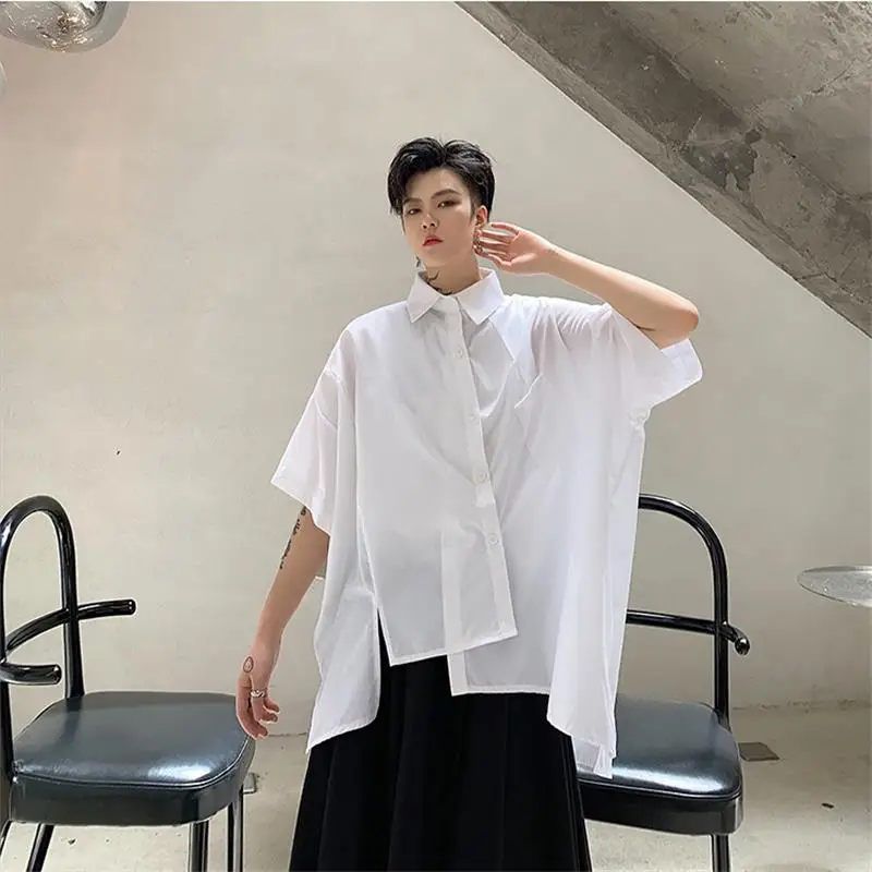 

Men's shirt Summer thin patchwork men's loose shirt Men's hairstylist youth shirt trendy men's white