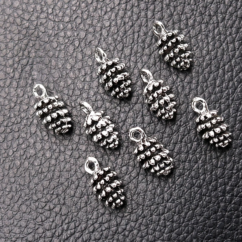 12pcs Silver Plated 3D Mini Pine Cone Charm Metal Pendant Earrings Bracelet DIY Retro Jewelry Handicraft Accessories 15*8mm