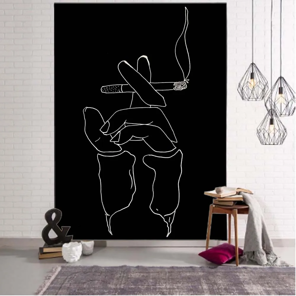 

Line art background tapestry black minimalist character art wall hanging bohemian hippie aesthetics room home decoration