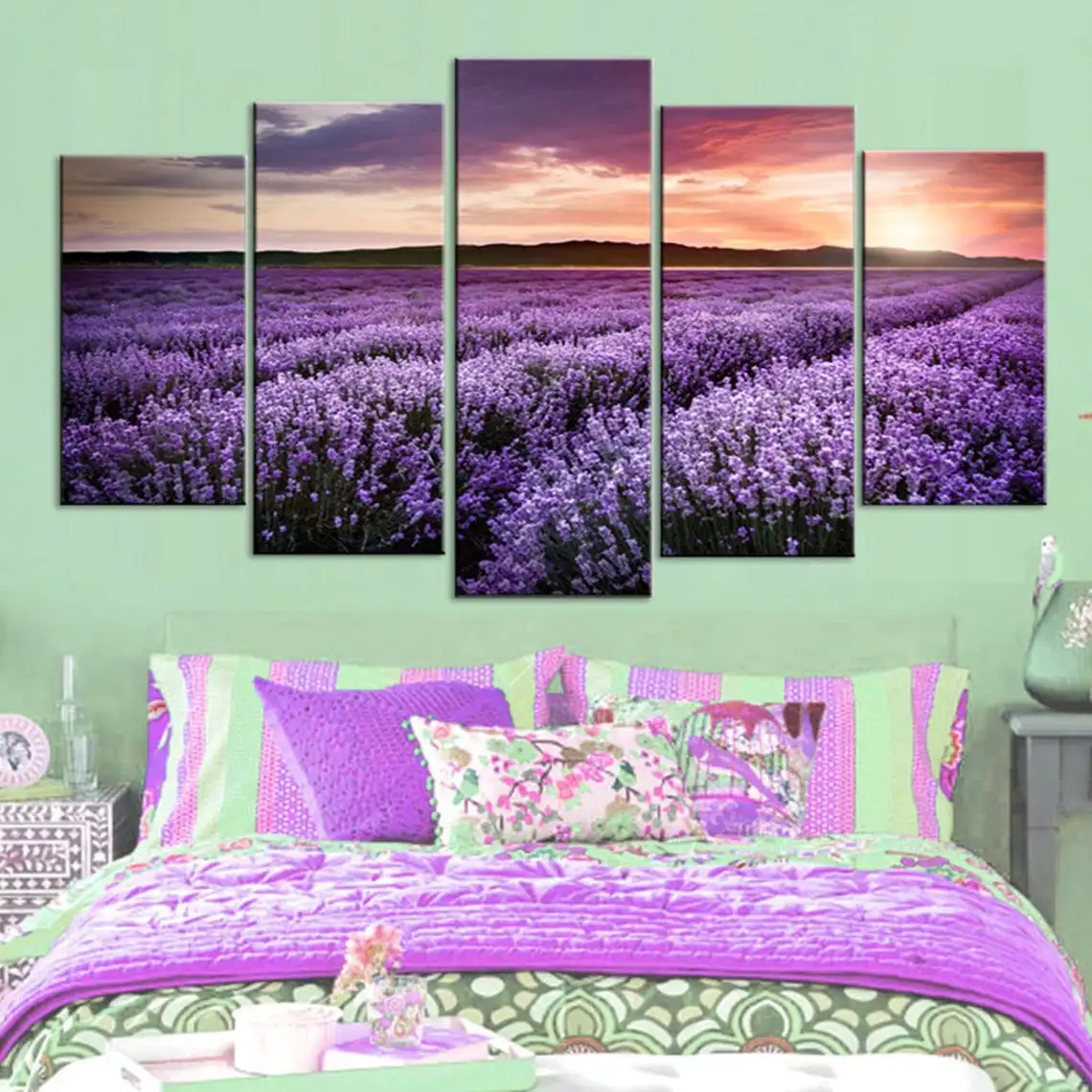 

5 Piece Wall Art Canvas Painting Purple Lavender Field Sunset Landscape Poster Modern Living Room Home Decoration Picture