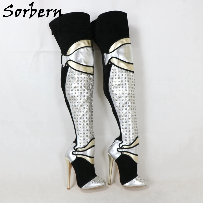 Sorbern-Botas por encima de la rodilla con remaches puntiagudos, de tacón alto Stilettos, botas largas con eje de pantorrilla ancho personalizadas, zapatos de mujer, Sexy, Punk, talla 36