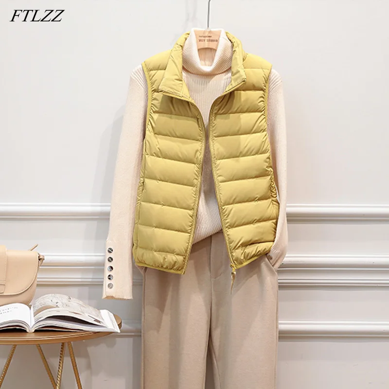 FTLZZ  Autumn Winter Ultra Light Down Vest Jacket Women Windbreak Sleeveless Short Coat  3XL White Duck Down Waistcoat