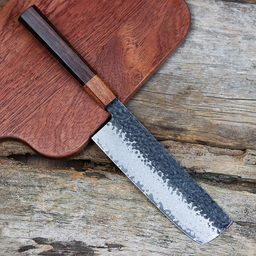 7 Inch Kitchen Handmade Kitchen Knife VG10 Damascus Forged Steel Solid Wood Handle Slicing Steak Knife EDC Tool