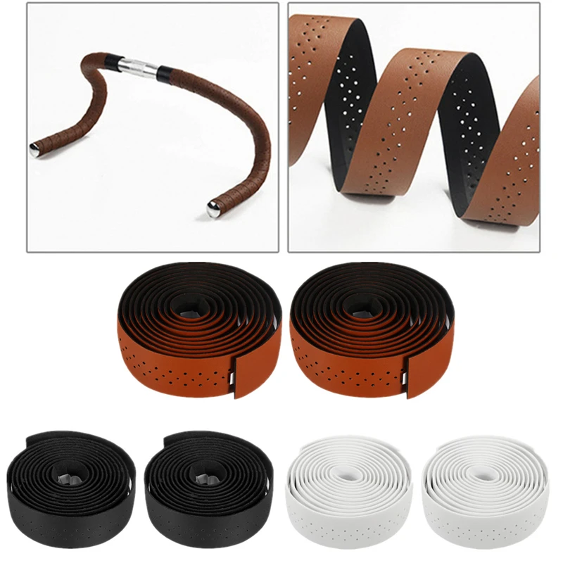 1 Pair PU Leather Cycling Road Bike Bicycle Handlebar Wrap Tape With 2 Bar Plug