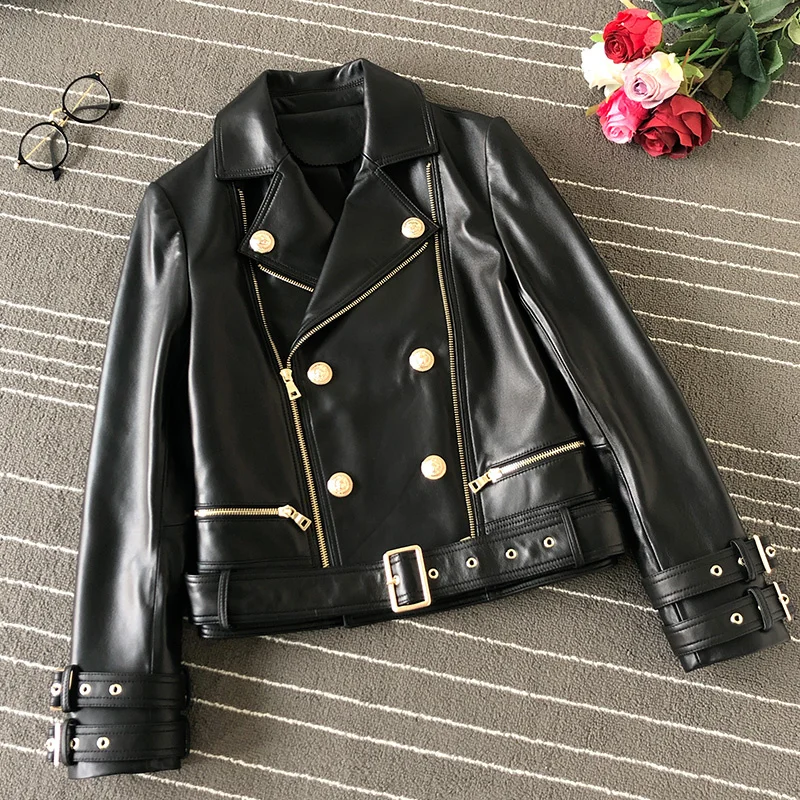 Luxury Brand Designer Women's Real Sheepskin Genuine Leather Jackets Coats Motorcycle Biker White Black Clothing Tops Plus Size