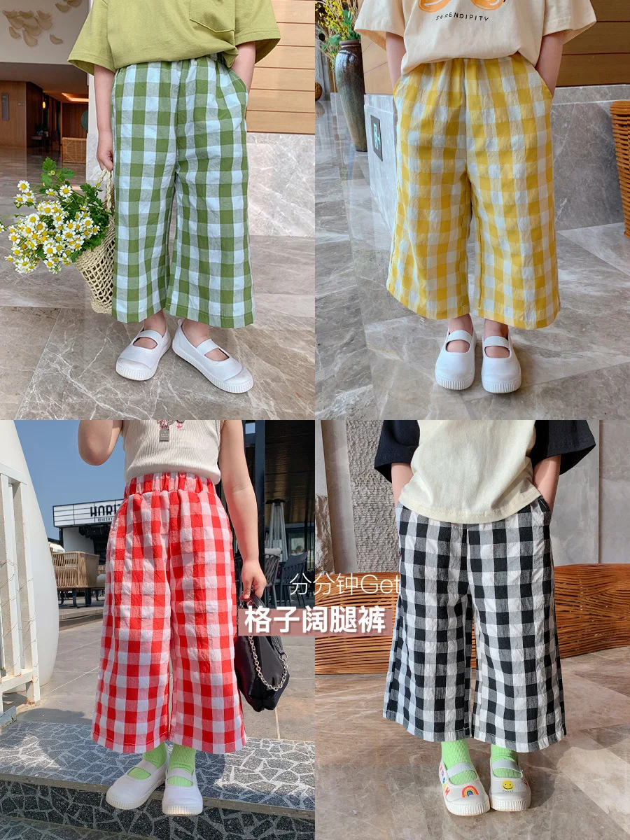 Pantalones informales de pierna ancha para niña, pantalón a cuadros hasta el tobillo, primavera y verano, 2024