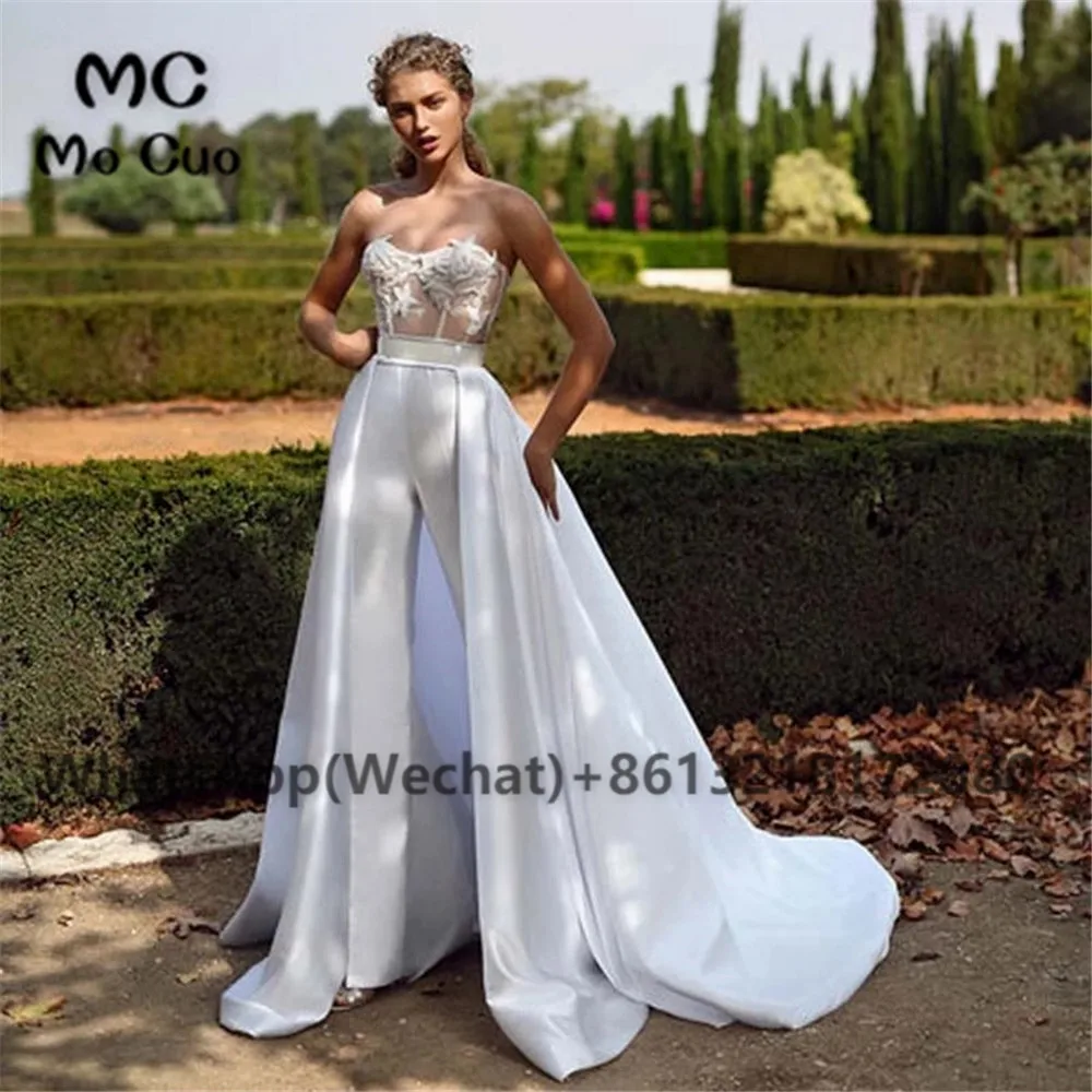 

2023 Jumpsuit White Off Shoulder Wedding Dresses Long Appliques Satin Boho vestido de African Black Women Bridal Gowns