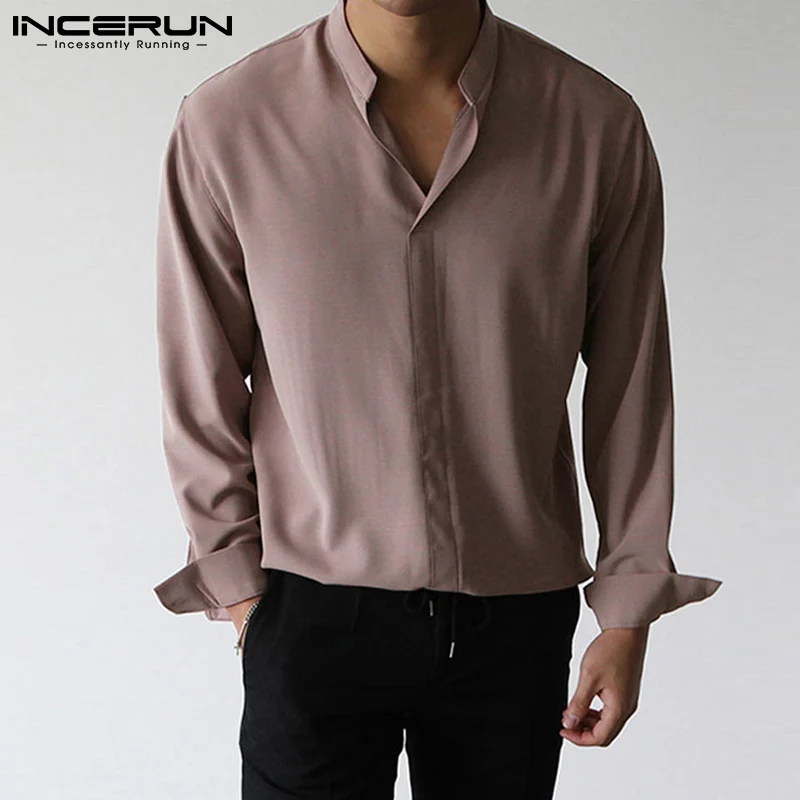 Men Casual Shirt Solid Color 2023 V Neck Long Sleeve Loose Streetwear Men Clothing Korean Fashion Leisure Shirts S-3XL INCERUN