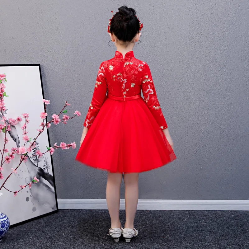 Cute Flower Girls Dresses Kids Chinese Embroidery Lace Cheongsam Dress Baby Girls Elegant Traditional Chinese New Year Dress