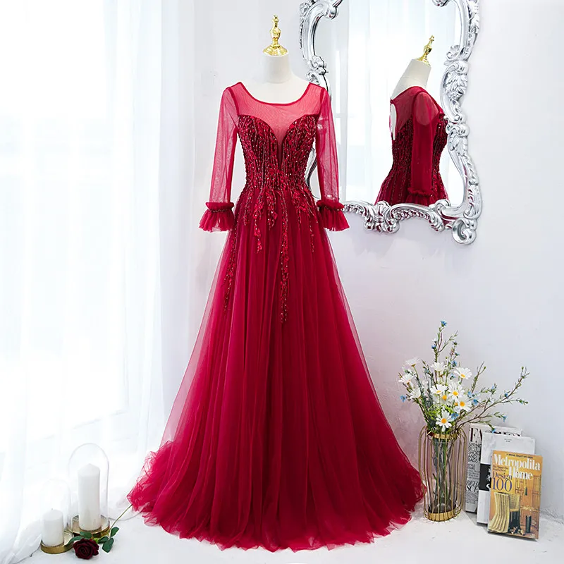 

Evening Dress O-Neck Empire Half Sleeves Backless Floor-Length Luxurious Appliques A-Line Tulle Party Formal Dresses Woman B1413