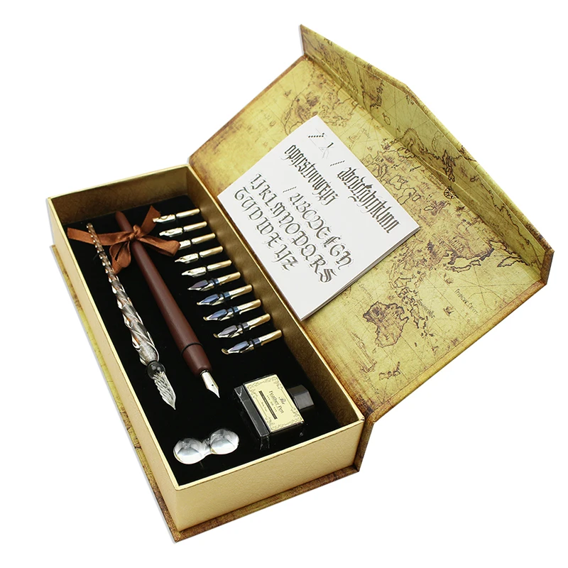 English Calligraphy Wooden Pen Set Vintage Advertising Gift Ink Pen Dip Water Glass Fountain Pen Set Birthday Gift Box 10 Nibs