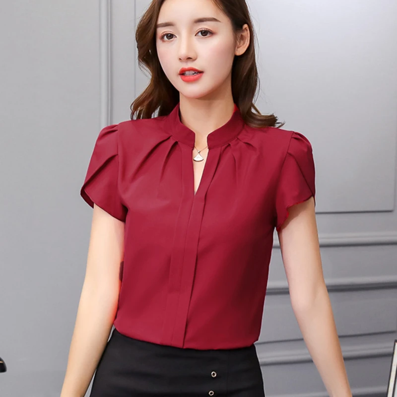 Korean Fashion Womens Tops and Blouses Chiffon Women Blouses Short Sleeve White Shirts XXL Ladies Tops